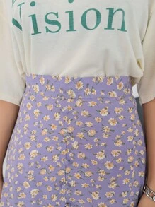 DAZY Split Hem Ditsy Floral Skirt - Purple - View 3