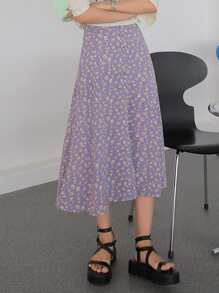 DAZY Split Hem Ditsy Floral Skirt - Purple - View 4