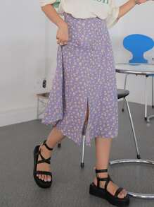 DAZY Split Hem Ditsy Floral Skirt - Purple - View 5