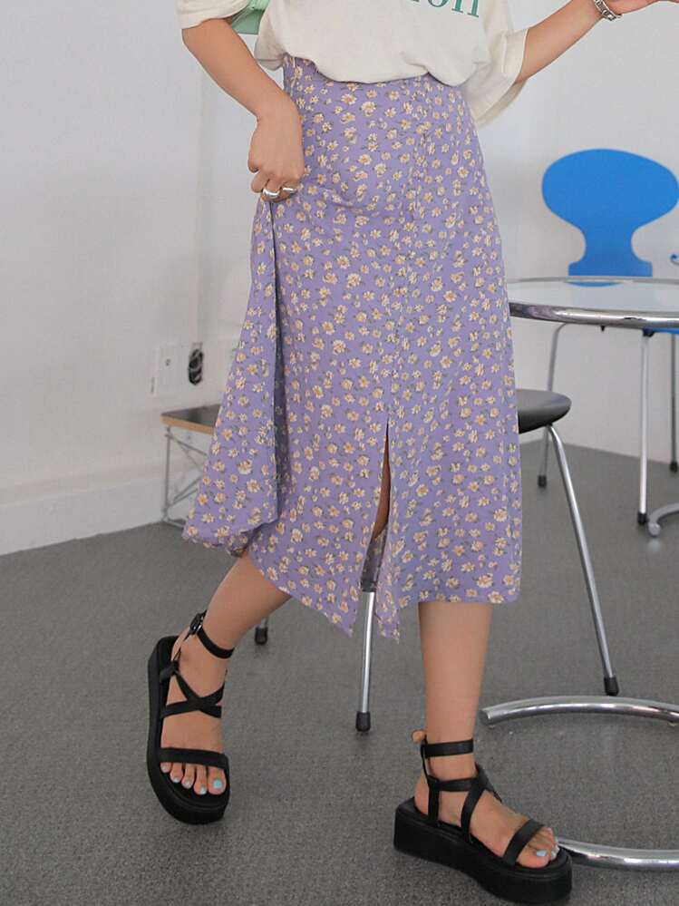 DAZY Split Hem Ditsy Floral Skirt - Purple - View 5