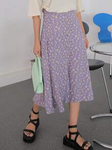 DAZY Split Hem Ditsy Floral Skirt - Purple - View 6