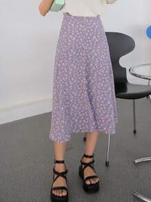 DAZY Split Hem Ditsy Floral Skirt - Purple - View 7