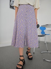 DAZY Split Hem Ditsy Floral Skirt - Purple - View 8