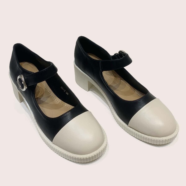 

Two Tone Buckle Detail Heeled Mary Janes, Black