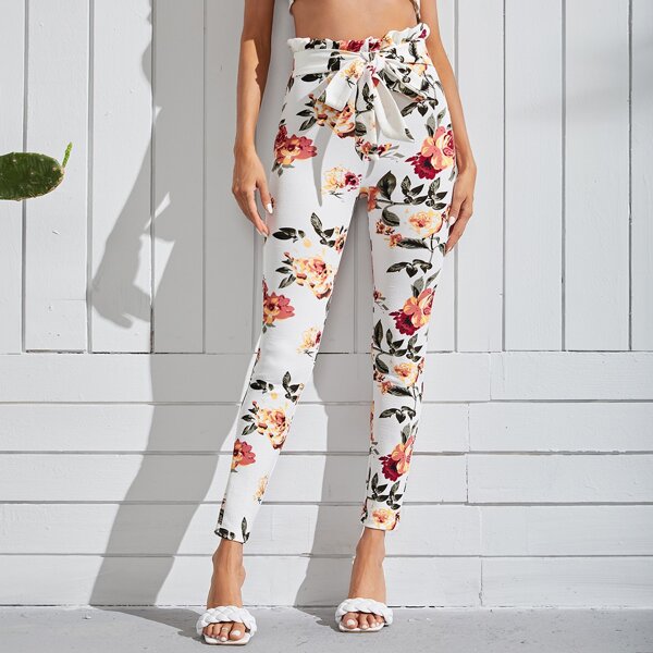 

Floral Print Paper Bag Waist Belted Skinny Pants, White
