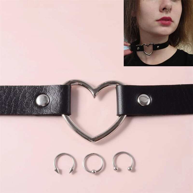 

1pc Ring Decor Choker & 3pcs Nose Ring, Silver