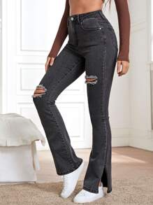 Jeans rotos de pierna amplia de cintura alta - Gris Oscuro - Ver 1