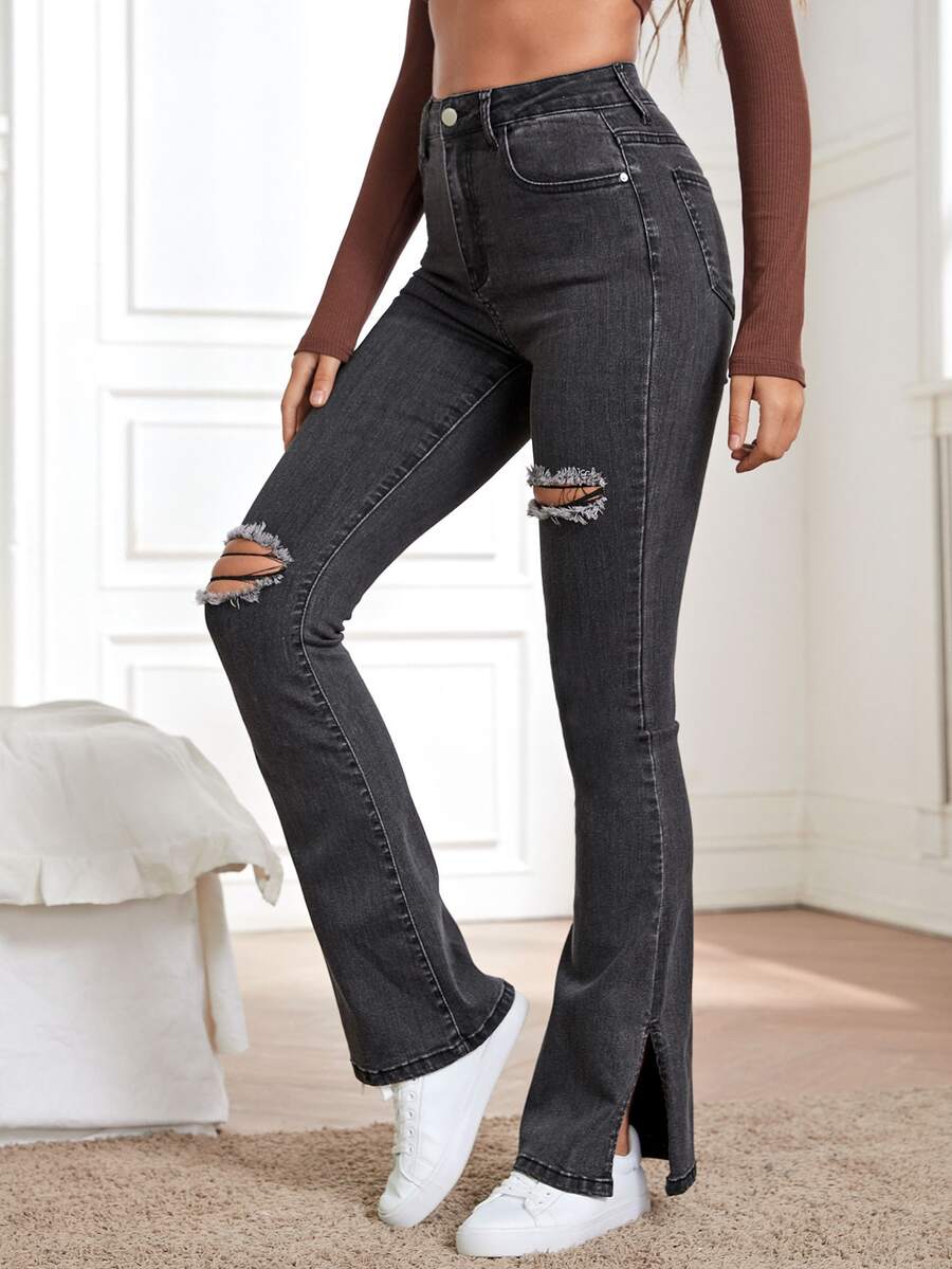 Jeans rotos de pierna amplia de cintura alta - Gris Oscuro - Ver 1