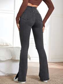 Jeans rotos de pierna amplia de cintura alta - Gris Oscuro - Ver 2