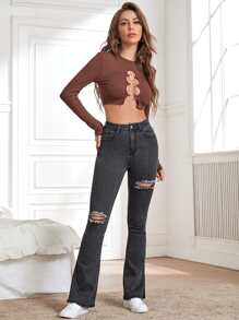 Jeans rotos de pierna amplia de cintura alta - Gris Oscuro - Ver 3