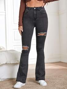 Jeans rotos de pierna amplia de cintura alta - Gris Oscuro - Ver 5