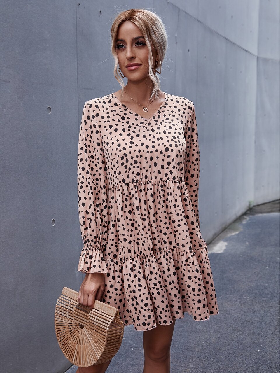 Dalmatian Print Flounce Sleeve Ruffle Hem Smock Dress