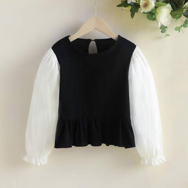 

Girls Color Block Flounce Sleeve Smock Top, Black and white