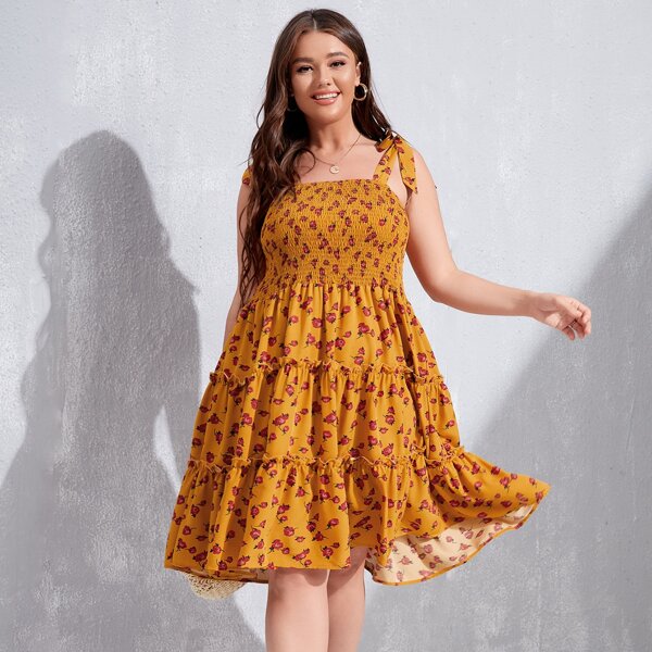 

Plus Floral Print Shirred Bodice Knot Shoulder Cami Dress, Mustard yellow
