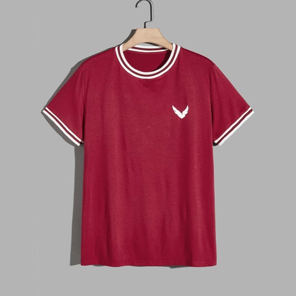 

Men Wings Print Contrast Binding Crew Neck Tee, Burgundy