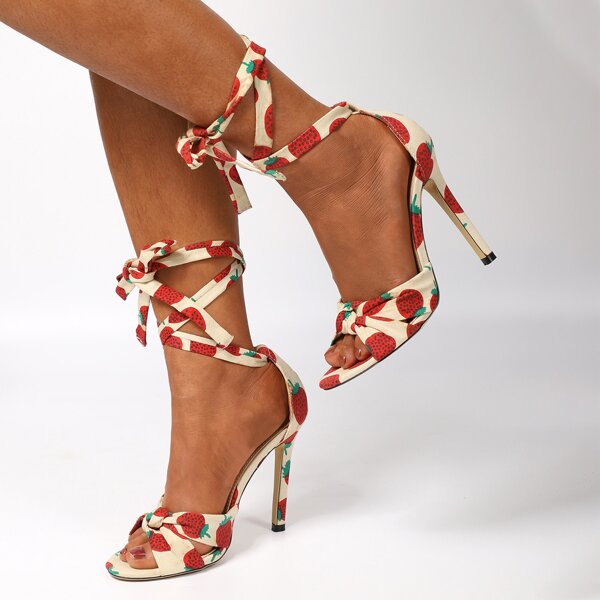 

Fruit Print Tie Leg Stiletto Sandals, Multicolor