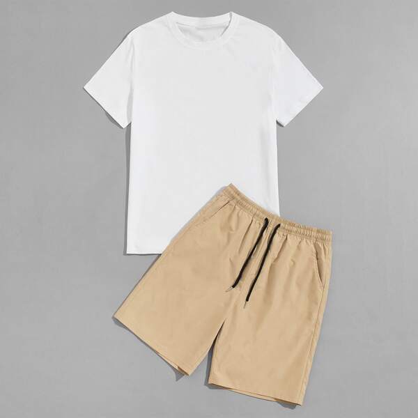 

Men Solid Tee & Drawstring Shorts, Multicolor