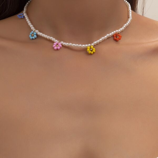 

Bead Flower Decor Faux Pearl Beaded Necklace, Multicolor