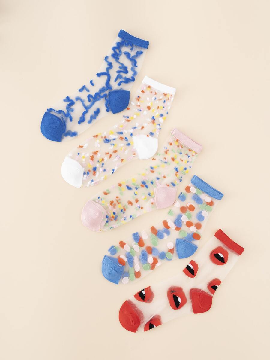 5 đôi tất cổ cao in hình đôi môi, mùa thu - Nhiều màu - Xem 1