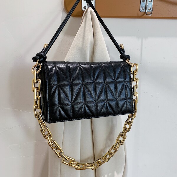

Minimalist Quilted Chain Shoulder Bag, Black