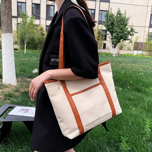 

Two Tone Shoulder Tote Bag, Beige