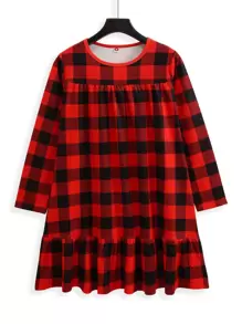 SHEIN Tall 大格紋印花荷葉邊連衣裙 - 彩色 - 查看 1