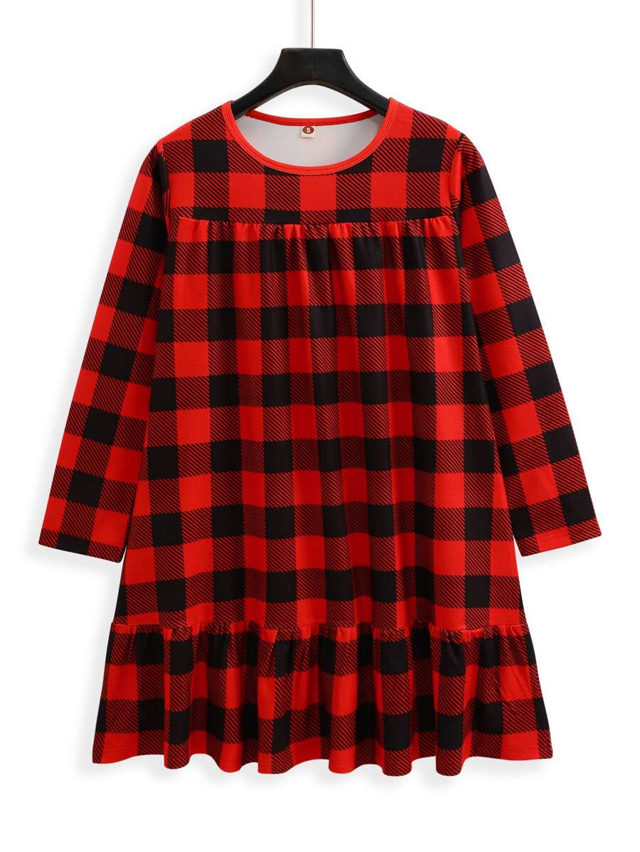 SHEIN Tall 大格紋印花荷葉邊連衣裙 - 彩色 - 查看 1