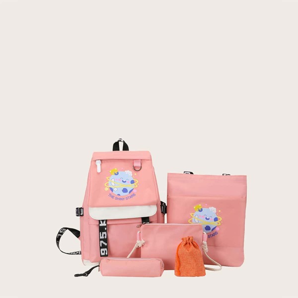 

5pcs Girls Cartoon Graphic Backpack Set, Pink