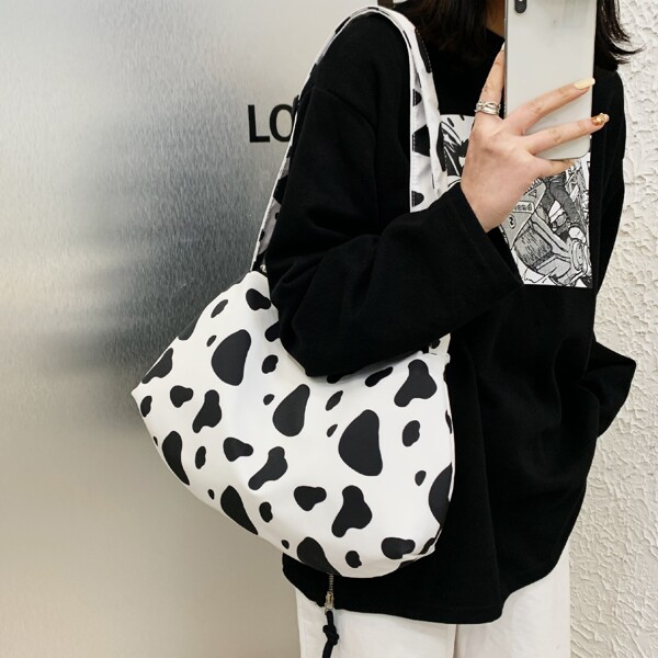 

Cow Print Shoulder Bag, Black and white