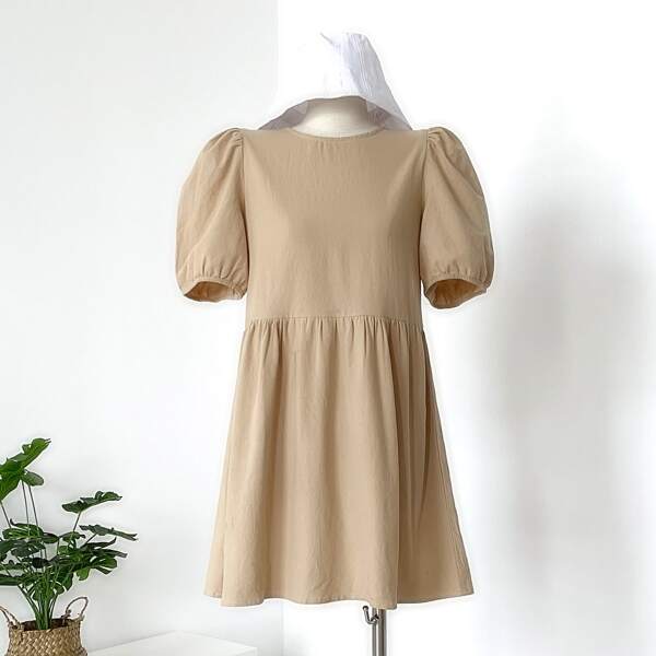 

Solid Puff Sleeve Smock Dress, Khaki