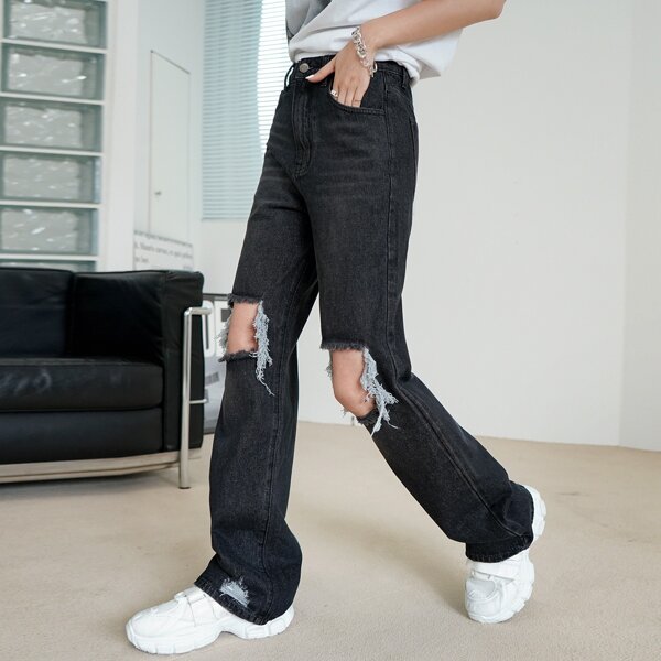 

High Waist Knee Ripped Boyfriend Jeans, Dark grey