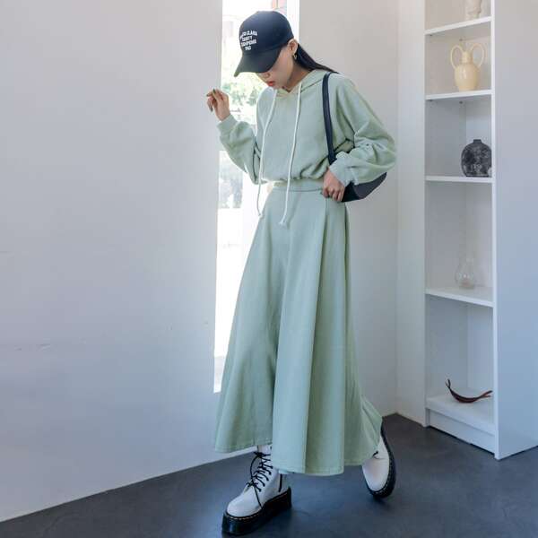 

Raglan Sleeve Drawstring Hoodie & Flared Skirt, Green