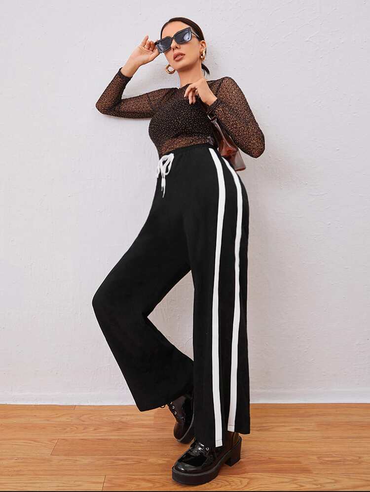 Pantalones de pierna ancha con cinta de rayas lado - Negro - Añade 1