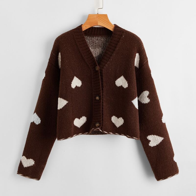 

Heart Pattern Button Front Cardigan, Coffee brown
