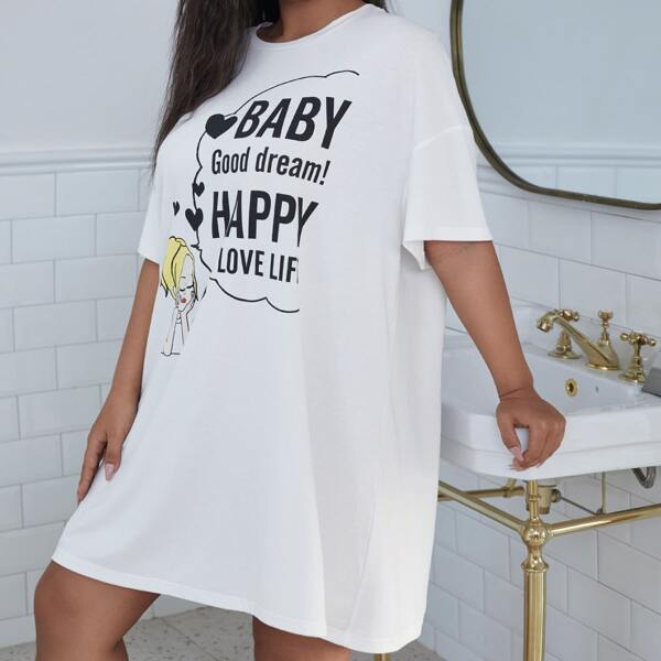 

Plus Figure And Slogan Graphic Sleep Dress, White