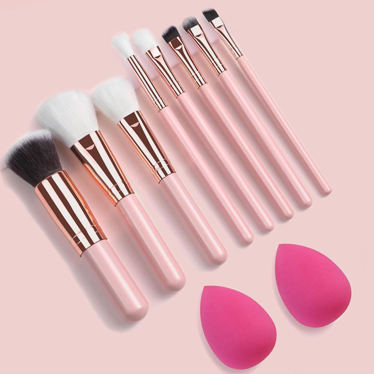 

8pcs Makeup Brush Set & 2pcs Makeup Sponge, Baby pink