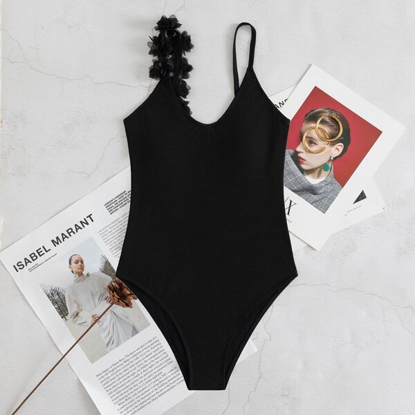 

Plain Appliques One Piece Swimsuit, Black