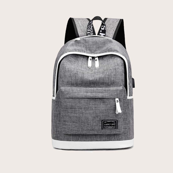 

Men Letter Patch Classic Backpack, Grey