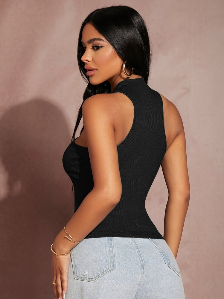 SHEIN SXY Mock Neck Rib-knit Tank Top - Black - View 2