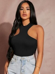 SHEIN SXY Mock Neck Rib-knit Tank Top - Black - View 6