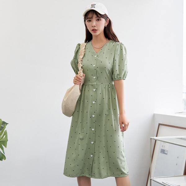

Polka Dot Puff Sleeve A-line Dress, Mint green