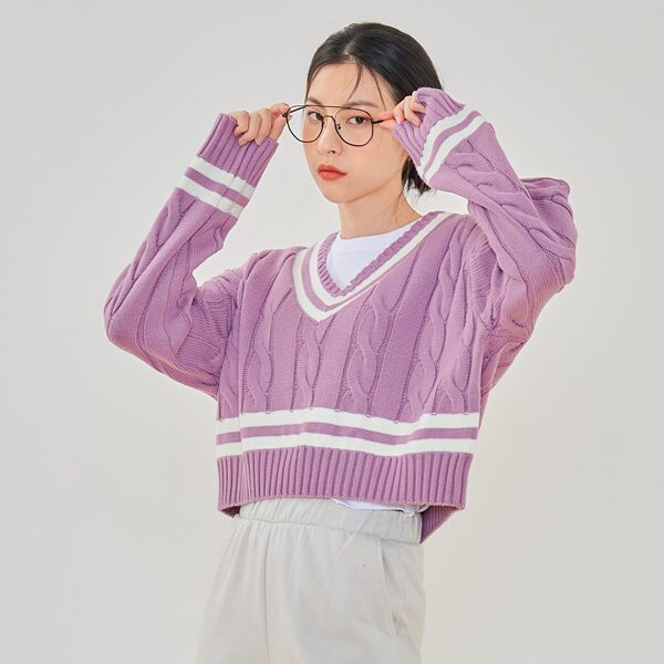 

Striped Pattern Cable Knit Sweater, Purple