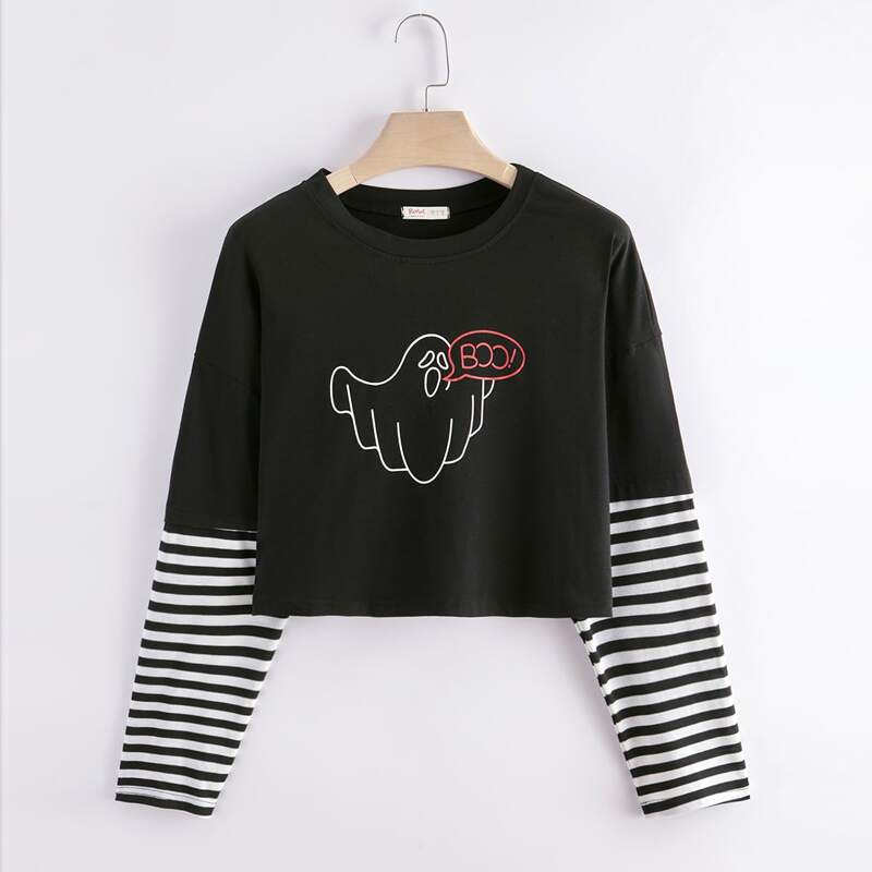 

Ghost Print Striped Crop Tee, Black