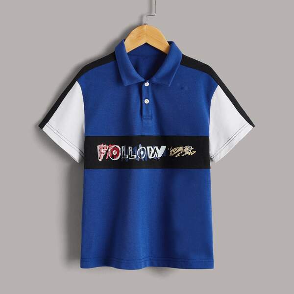 

Boys Color-block Slogan Graphic Polo Shirt, Blue