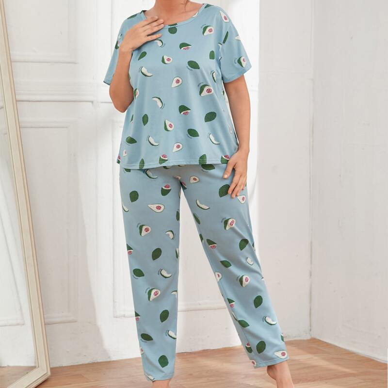 

Plus Avocado Print Pajama Set With Eyemask, Cadet blue