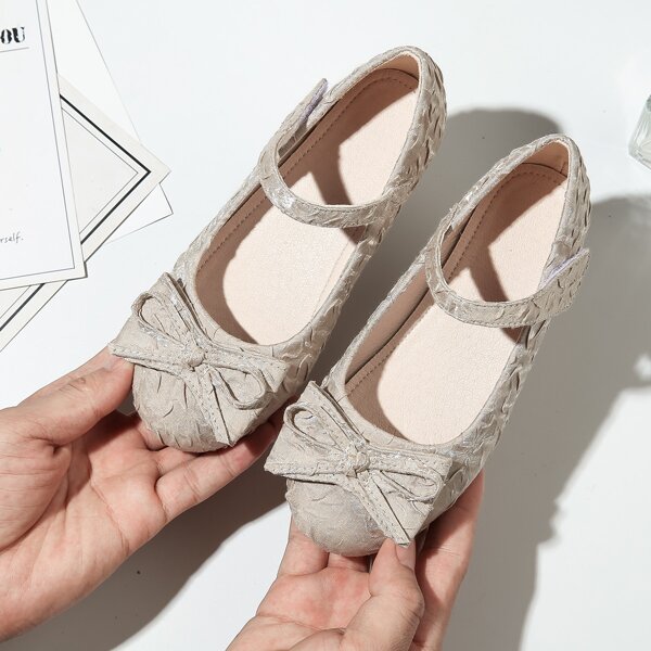 

Toddler Girls Bow Decor Velcro Strap Flats, Apricot