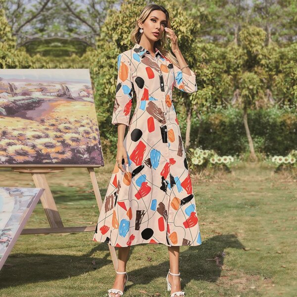 

Color-block Button Front Shirt Dress, Multicolor