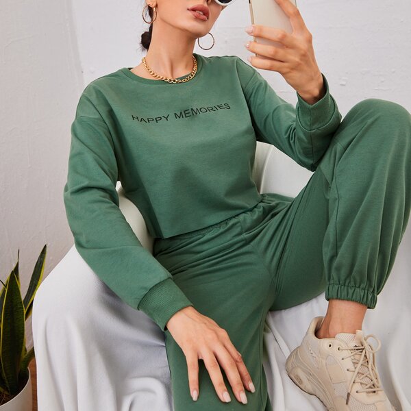 

Letter Graphic Drop Shoulder Pullover & Sweatpants, Dark green