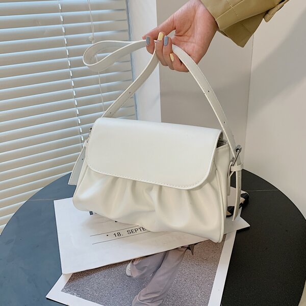 

Ruched Detail Flap Square Bag, Beige