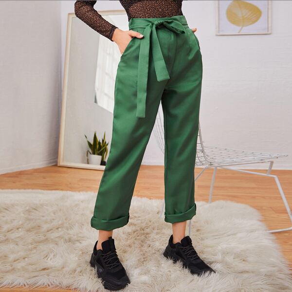 

Solid Straight Leg Belted Pants, Dark green